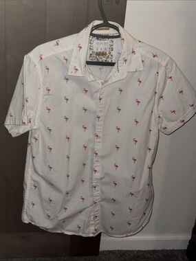 White Short-Sleeve Button-Down Shirt with Pink Flamingo Print